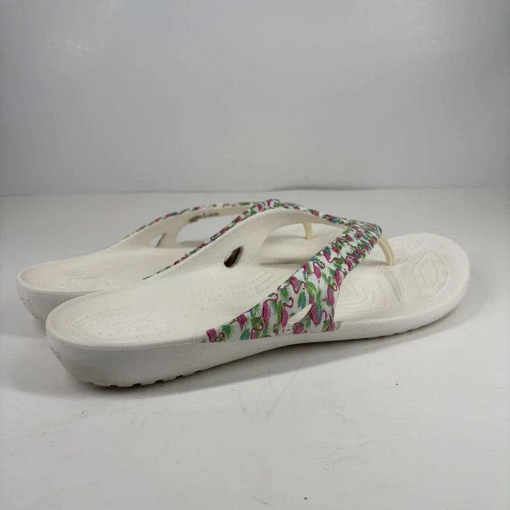 Crocs Kadee II Graphic Flamingo Women's 11 White Comfort Flip-Flop Beach Sandals